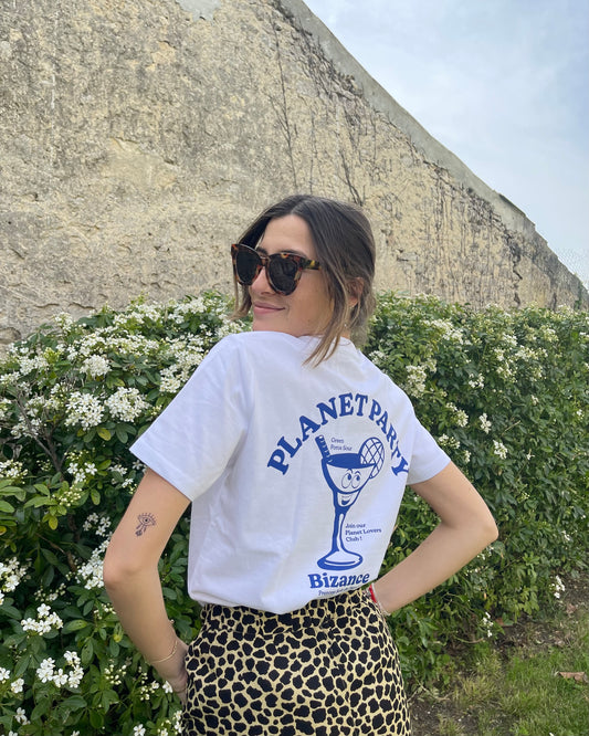 Tee-shirt Bizance Paris blanc imprimé verre bleu marine. Inscription Planet Party